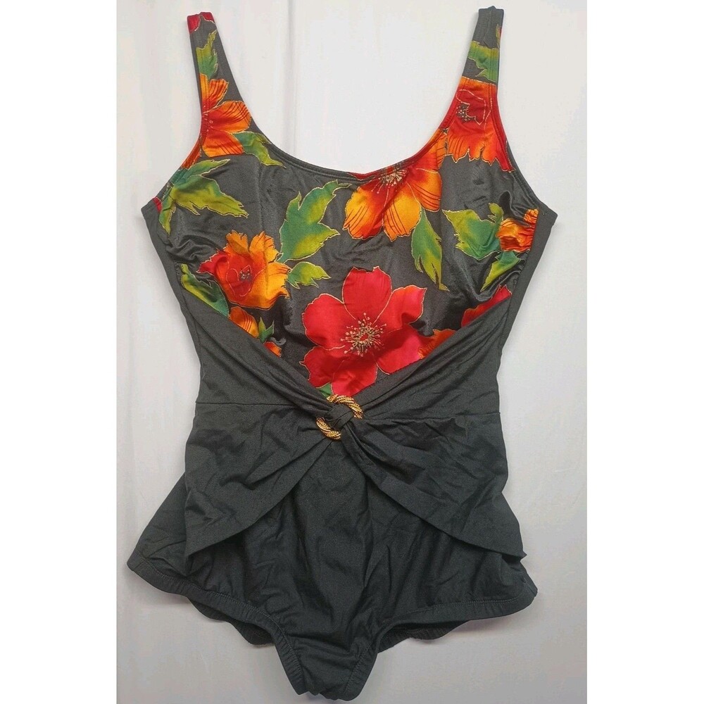 Slim Allure Black One Piece Swimsuit Large Womens Beach Resort Wear Tropical